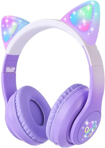 Vista 6 de Auriculares Bluetooth de orejas de gato para niñas, niños y adolescentes, luz LED, modo inalámbrico/con cable, auriculares estéreo plegables