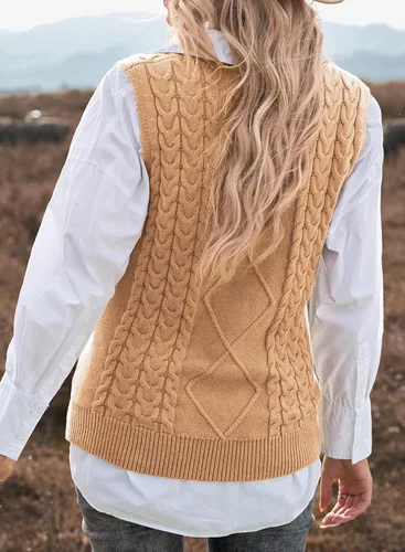 Vista 6 de EVALESS Chaleco Suéter de Gran Tamaño para Mujeres Cuello en V Sin Mangas Color Sólido Suéter Pullover Suelto 1 caqui.