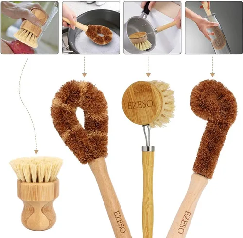 Vista 3 de Ezeso - Juego de 4 cepillos de bambú natural para fregar platos, olla de madera y cepillo para botellas