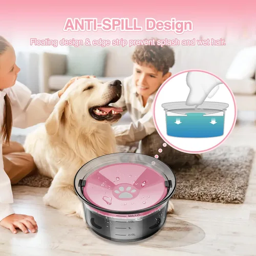 Vista 5 de Cuenco de agua para perros de 2 litros, sin derrames, de 70 onzas, tazón grande a prueba de derrames, reduce el relleno, cuenco de agua potable Rosa