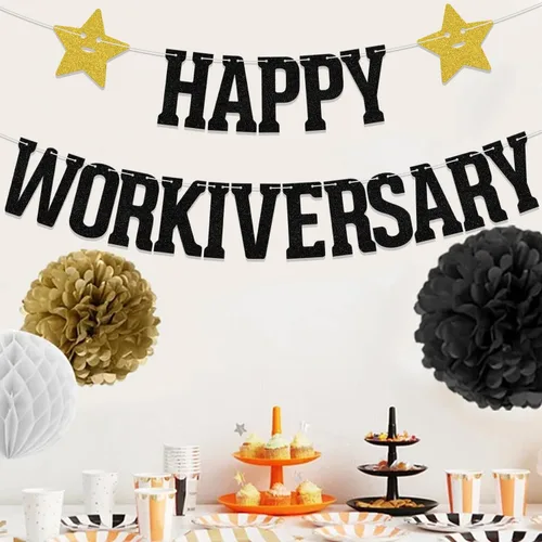 Vista 6 de Cartel con texto en inglés «Happy Workiversary», decoración de fiesta de aniversario de trabajo, oficina, aniversario, fiesta, suministros de Negro