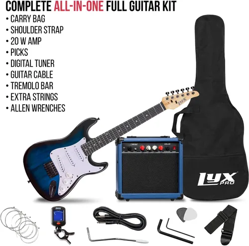 Vista 2 de LyxPro Guitarra eléctrica de 36 pulgadas y kit para niños con guitarra para principiantes de tamaño 3/4, amplificador, seis cuerdas, dos púas, Azul