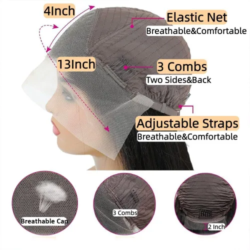 Vista 7 de Pelucas de cabello humano lacio tipo afro marrón con encaje frontal de 13 x 4, pelucas de cabello humano prearrancado con nudos invisibles, castaño