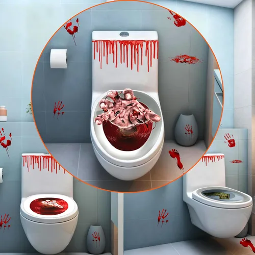 Vista 6 de Cubierta de asiento de inodoro de Halloween, calcomanía 3D de transformación de terror para fiesta temática de Halloween, decoración del hogar