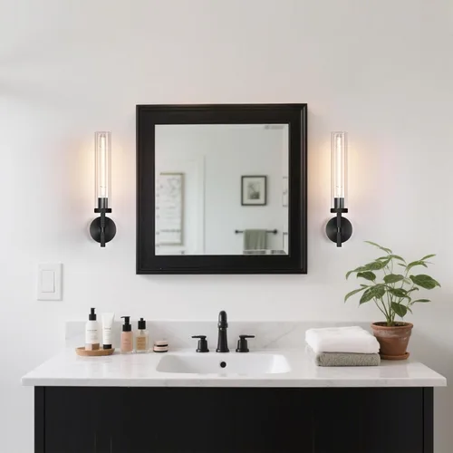 Vista 3 de Apliques de pared modernos en negro con cableado integrado, aplique de pared de 21'' con textura estriada para baño, aplique de pared