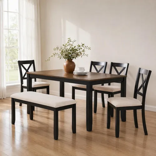 Vista 23 de Juego de mesa de comedor de 6 piezas con banco y 4 sillas Negro Beige-1