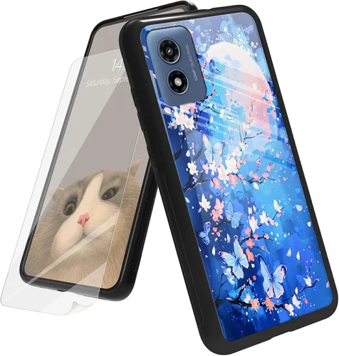 Vista 96 de Funda para Motorola Moto G Play 4G 2024 con protector de pantalla, parte trasera de vidrio templado + funda de silicona suave TPU absorción
