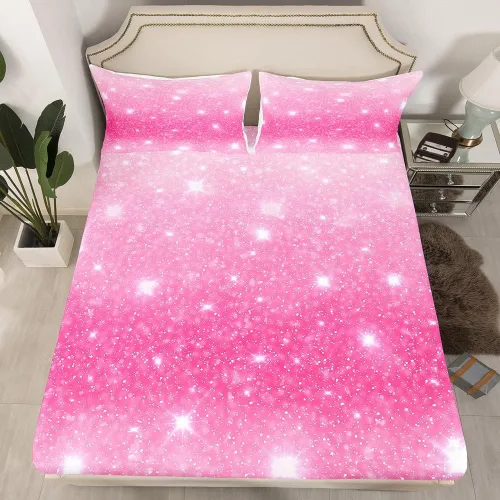 Vista 3 de jejeloiu Juego de sábanas de 3 piezas con purpurina rosa pastel para niñas y mujeres, sábana bajera ajustable con purpurina espacial