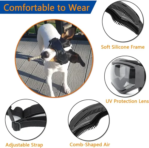 Vista 5 de Gafas de sol para perros pequeños, protección contra los rayos UV, el viento y el polvo con correa ajustable (negro)