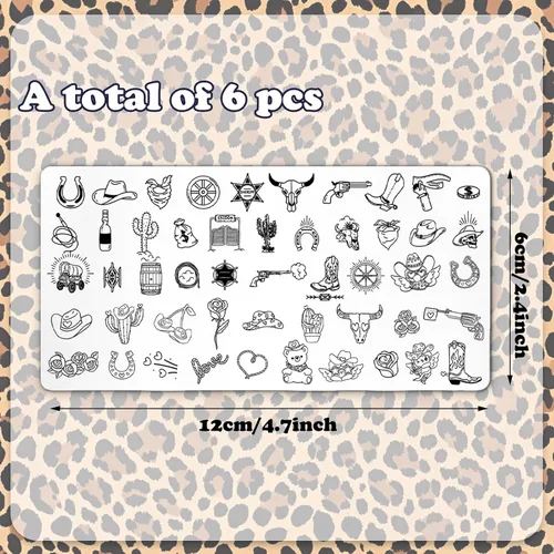 Vista 2 de Whaline Juego de 6 placas de estampado de uñas de guepardo y cerezas, arco de estrella de leopardo, cereza, placa de arte de uñas para bricolaje