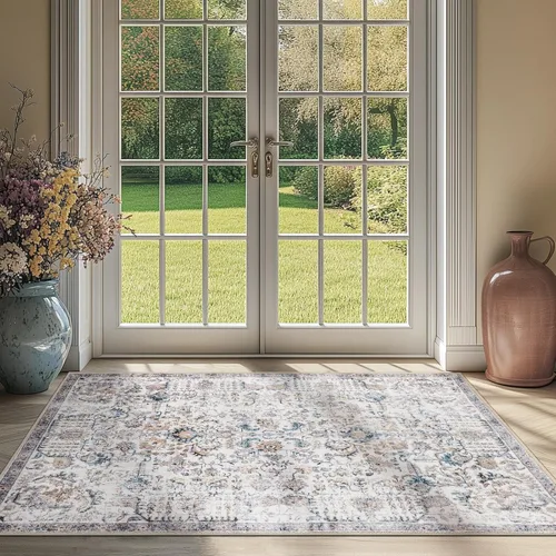 Vista 310 de jinchan Lima - Alfombra simétrica floral geométrica lavable, alfombra de entrada de medio círculo de 2 x 3, alfombra de media luna, suave y Azul