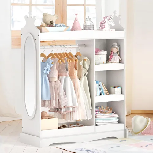 Vista 10 de Curipeer Almacenamiento de disfraces para niños con espejo, armario para niños con almacenamiento y 3 ganchos, armario para niños y niñas
