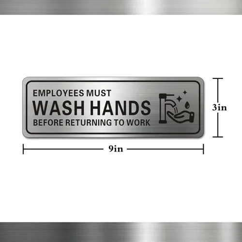 Vista 3 de Letrero de metal de acero inoxidable con texto en inglés "Employees Must Wash Hands Before Return to Work", con autoadhesivo, 9 x 3 pulgadas