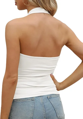 Vista 3 de GEMBERA Camisola sin espalda para mujer, cuello halter, cuello en V, casual, ajustada, para adolescentes, camisetas básicas de verano