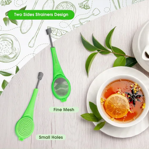 Vista 2 de 3 filtros de té de mango largo de plástico, infusor de té de malla con émbolo integrado, reutilizables, coladores de dos lados para té suelto, café