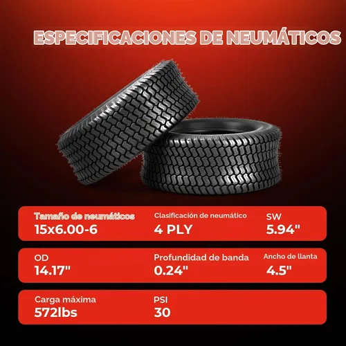 Vista 3 de 15x6.00-6 Neumáticos para cortacéspedes (Juego de 2), Neumáticos sin cámara de 4 capas con patrón S para césped, 15x6x6 para cortacésped, tractor
