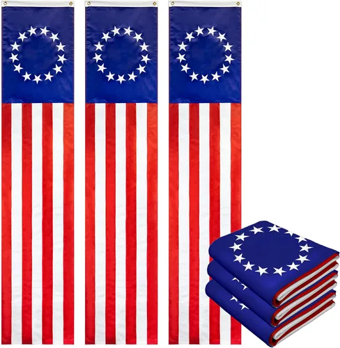 Vista 10 de G128 Paquete de 10: Banderines patrióticos estadounidenses y bandera desplegable de Betsy Ross, 13 estrellas bordadas en patrón circular con 5 rayas