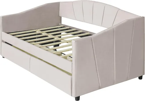 Vista 5 de Sofá cama individual con 2 cajones tapizado moderno, plataforma para sofá cama, marco de listones de soporte para dormitorio, sala de estar,