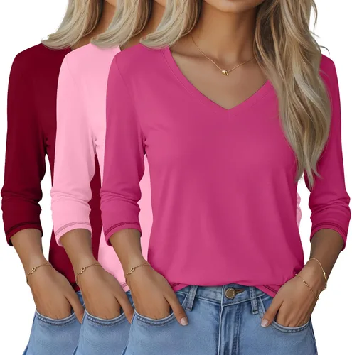 Vista 14 de Ficerd Paquete de 3 camisetas de manga 3/4 para mujer, cuello en V, blusas holgadas, blusas casuales, ropa de moda 2026