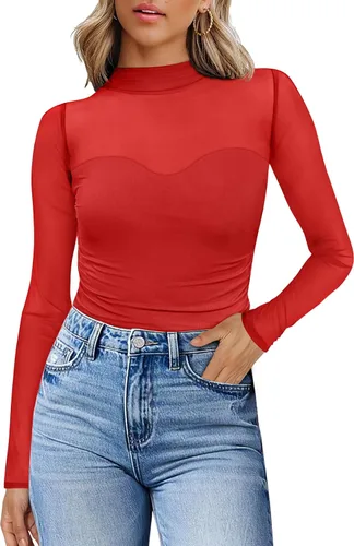 Vista 9 de Camisas de manga larga de malla sexy para mujer, ropa de moda, cuello de tortuga, drapeada, para salir, trajes de otoño, blusas ajustadas Negro
