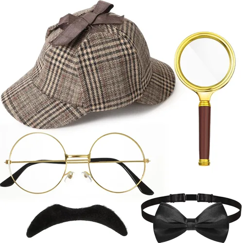 Vista 10 de Kasyat 6 piezas de accesorios de disfraz de detective para adulto, sombrero de detective para hombre, disfraz de inspector para disfraz de Halloween