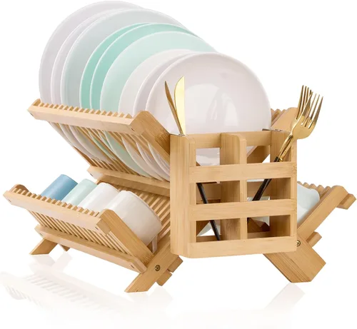 Vista 10 de NOVAYEAH Escurridor de platos de madera de acacia para encimera de cocina, 2 niveles, plegable, escurridor de platos de bambú con soporte
