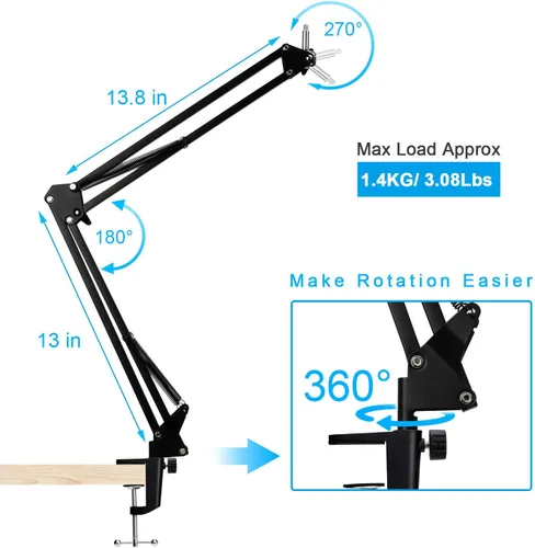 Vista 3 de Soporte de Micrófono Wave 1, Brazo de Boom Profesional Compatible con Micrófono USB de Condensador Elgato Wave 1 por SUNMON