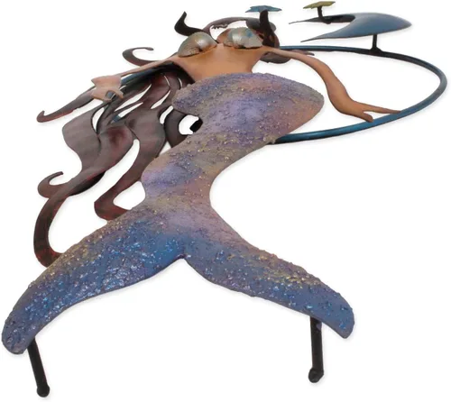 Vista 2 de NOVICA Sirena celestial púrpura pintó la escultura interior al aire libre de la pared del recorte del hierro, luna de la sirena
