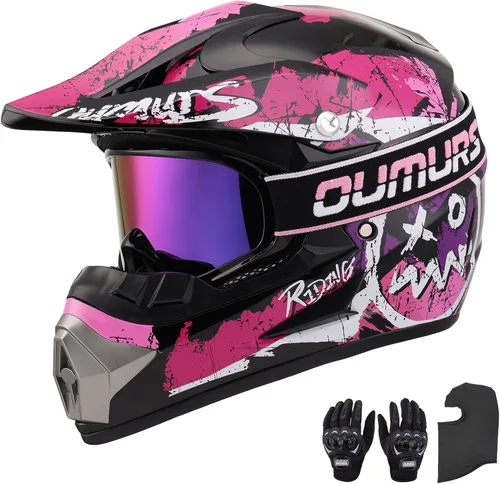Vista 10 de Casco OUMURS DOT para ATV de todoterreno con gafas, guantes y mascarilla, con visera solar ajustable para motocicleta, para adultos, todoterreno