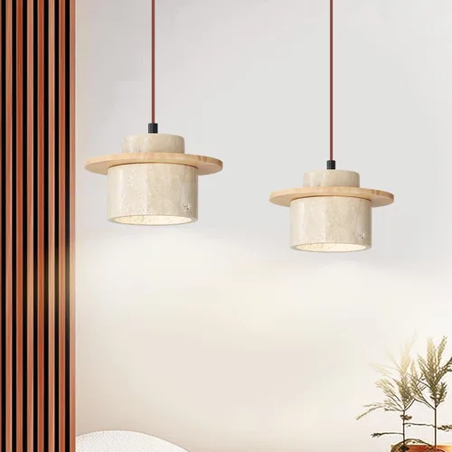 Vista 10 de Lámpara colgante japonesa Wabi Sabi de piedra natural, lámpara colgante de travertino amarillo nórdico para isla de cocina, candelabro de madera