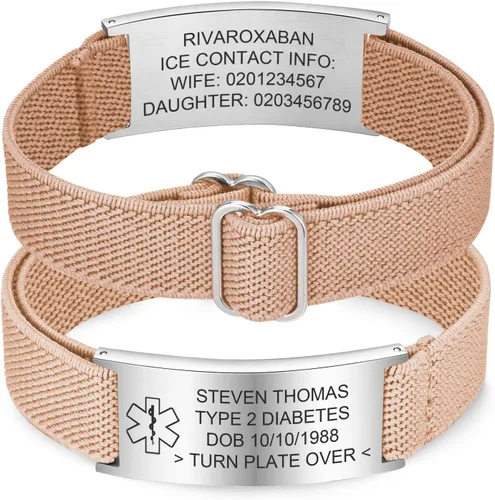 Vista 21 de Pulsera de alerta médica personalizada para hombres - Pulseras de identificación de acero inoxidable con correa elástica personalizada grabada