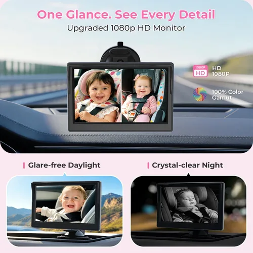 Vista 3 de Cámara de Coche para Bebé Itomoro, Pantalla de 5 Pulgadas de Doble Canal con 2 Cámaras de Visión Nocturna IR, Fácil Instalación de Espejo de Coche