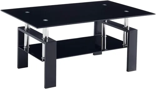 Vista 9 de Mesa de centro de cristal de 2 niveles, mesa de centro de vidrio templado, mesa central moderna rectangular mesa de té ovalada de vidrio con estante