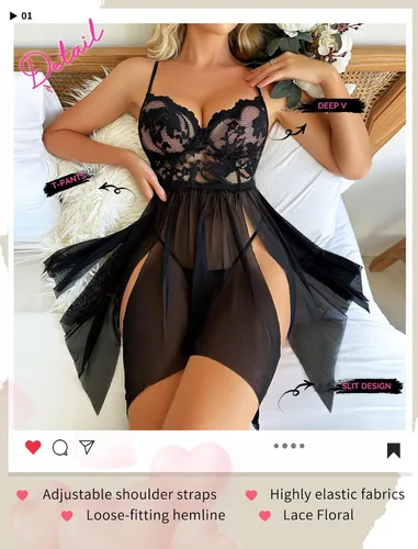 Vista 4 de ADSEXY Sexy Babydoll Lingerie for Women Lace Mesh Chemise Side Slit Nightgown V Neck Sleepwear Plus