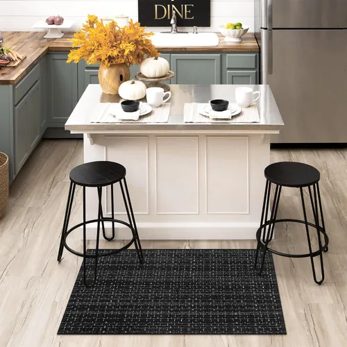 Vista 3 de Alfombra de baño estilo bohemio, 2 x 3 pies, alfombra de algodón tejida a mano para entrada, reversible, lavable, alfombra estilo granja, color Negro