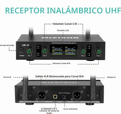 Vista 5 de Sistema de micrófono inalámbrico de solapa con auriculares y micrófonos de solapa, receptor de metal UHF de 4 canales con 2 micrófonos de mano y 2