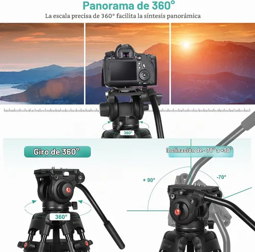 Vista 5 de YoTilon Trípode resistente, trípode de video profesional de 70.8 pulgadas con cabezal fluido y carga máxima de 17.6 libras, placa QR universal