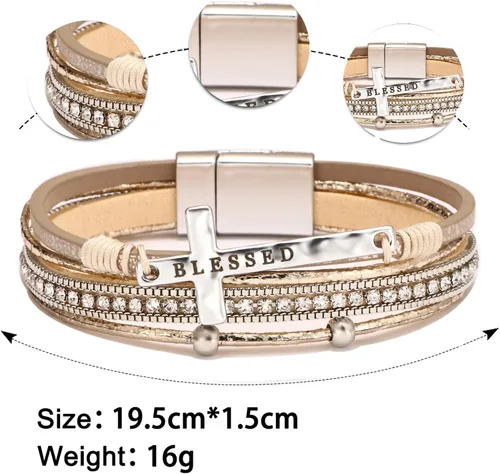 Vista 7 de Fesciory Pulsera de leopardo para mujer, pulsera de cuero bohemio multicapa con perlas de cristal