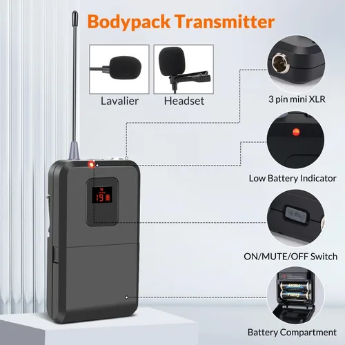 Vista 4 de innopow Sistema de micrófonos inalámbricos de 200 canales, micrófono de solapa inalámbrico, sistema de micrófono de solapa inalámbrico UHF dual