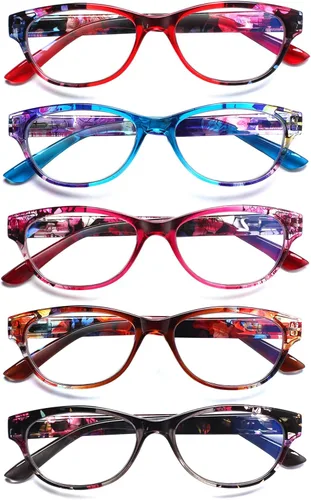 Vista 11 de SIGVAN Gafas de Lectura de Ojo de Gato para Damas 5 Pares con Bloqueo de Luz Azul Bisagra de Resorte Estampado de Patrón de Moda Lectores