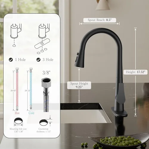 Vista 3 de FORIOUS Grifo de cocina negro alto con rociador extraíble, grifo clásico de acero inoxidable de arco alto para fregadero de cocina, mango único, 3