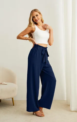 Vista 5 de IWOLLENCE - Pantalones de pierna ancha para mujer con bolsillos, cintura alta, nudo ajustable, holgados, casuales, para trabajo y negocios