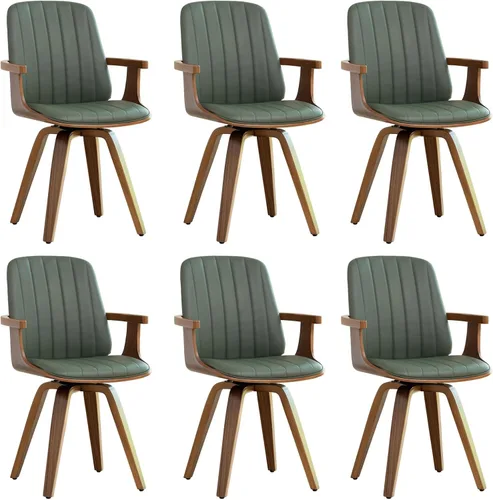 Vista 18 de WUPOTO Juego de 1 silla de comedor giratoria, silla de comedor moderna de mediados de siglo con artesanía de nogal, piel sintética tapizada, brazos