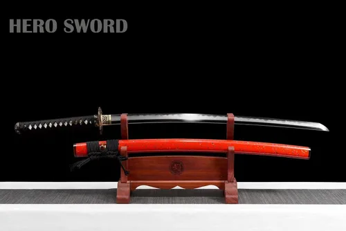 Vista 7 de Espada katana templada de arcilla Sanmai de acero plegado, navaja real, afilada, espiga completa, auténtica, samurái, armas japonesas, rojo