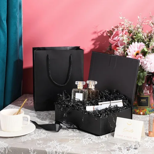 Vista 5 de Zonon - Caja de regalo de lujo color negro y rosa con tapa y cinta, bolsa de regalo de 9 x 7 x 3 pulgadas, con tarjeta de felicitación, papel