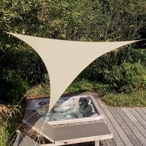 Vista 5 de Patio Toldo tipo vela triangular impermeable, 5 x 5 x 5 pies, toldo de tela de alta densidad, 95% de bloqueo UV, cubierta Patio para exteriores
