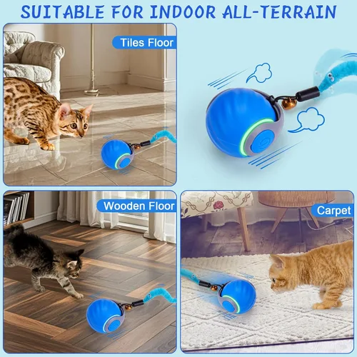 Vista 6 de BABORUI Paquete de 2 bolas interactivas azules de juguete para gatos, juguetes interactivos automáticos para gatos de interior con 3 colas, 2
