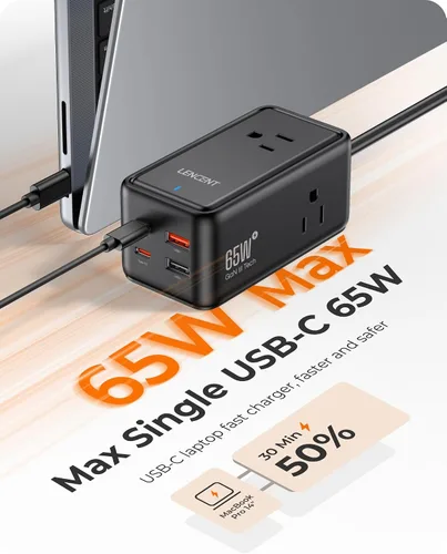 Vista 2 de LENCENT 65W GaN III 7 en 1 estación de carga, cargador USB C de escritorio
