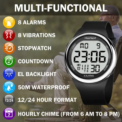 Vista 2 de Hearkent 8 Vibrating Alarms Watch Medication Reminder for Elderly Seniors Negro