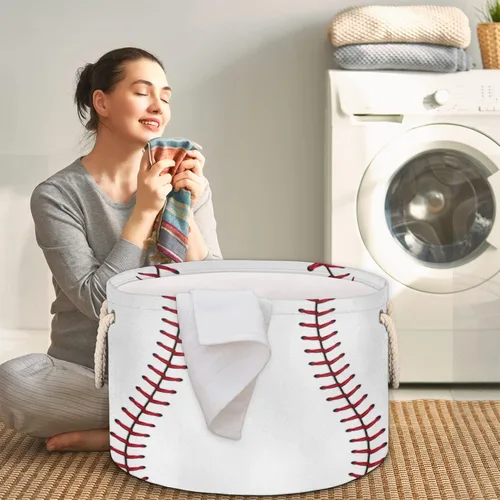Vista 6 de Cesta de almacenamiento redonda grande de béisbol, canasta de almacenamiento circular plegable para béisbol, con asa para niños, manta de juguetes